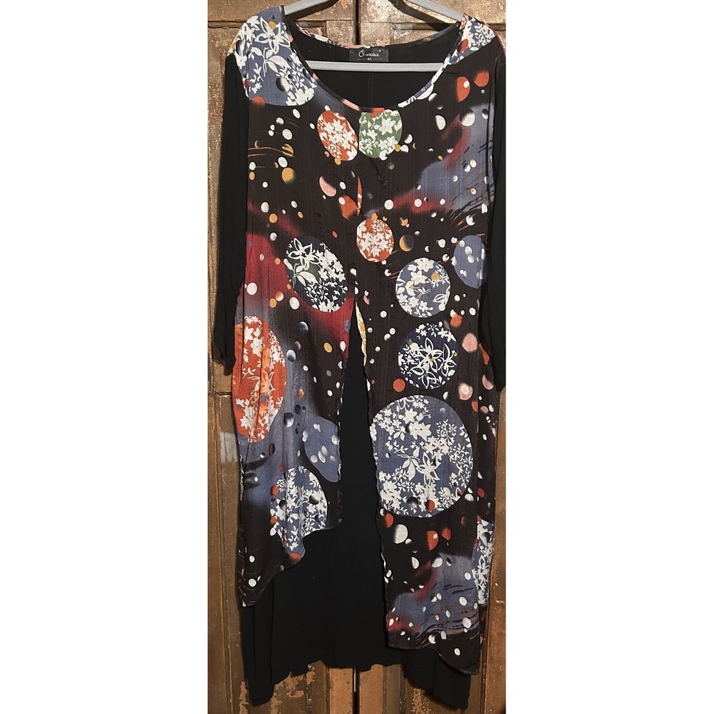 O'Necue Plus Size 4XL Black Dress With Graphic Space Like Overlay Lagenlook